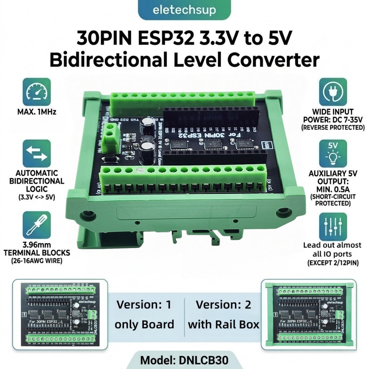 Level Shifter 3.3V - ESP32 30P DIN-railadapter, 3,3V naar 5V
